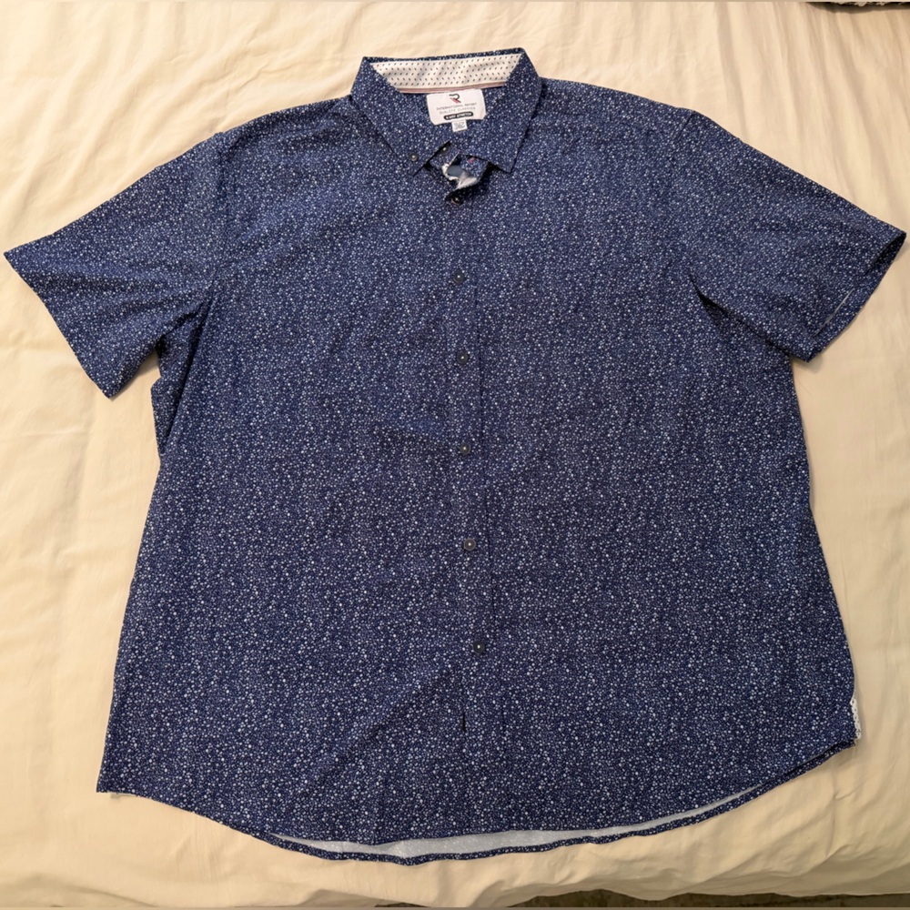 Navy Patterned Short Sleeve Button-up Shirt